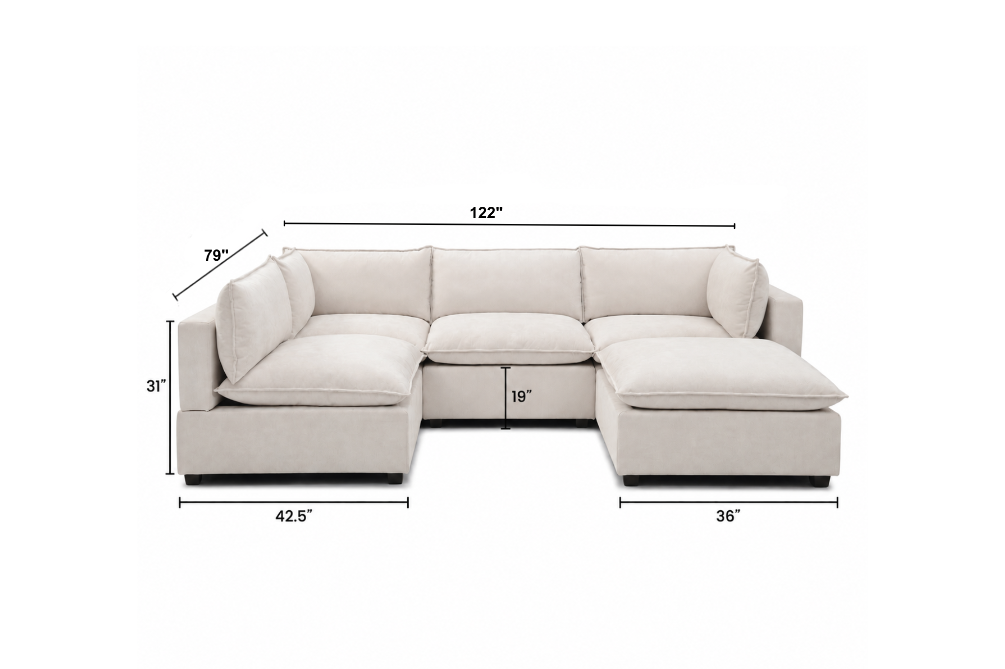 Luna L-Shape + Storage Ottoman Dimensions