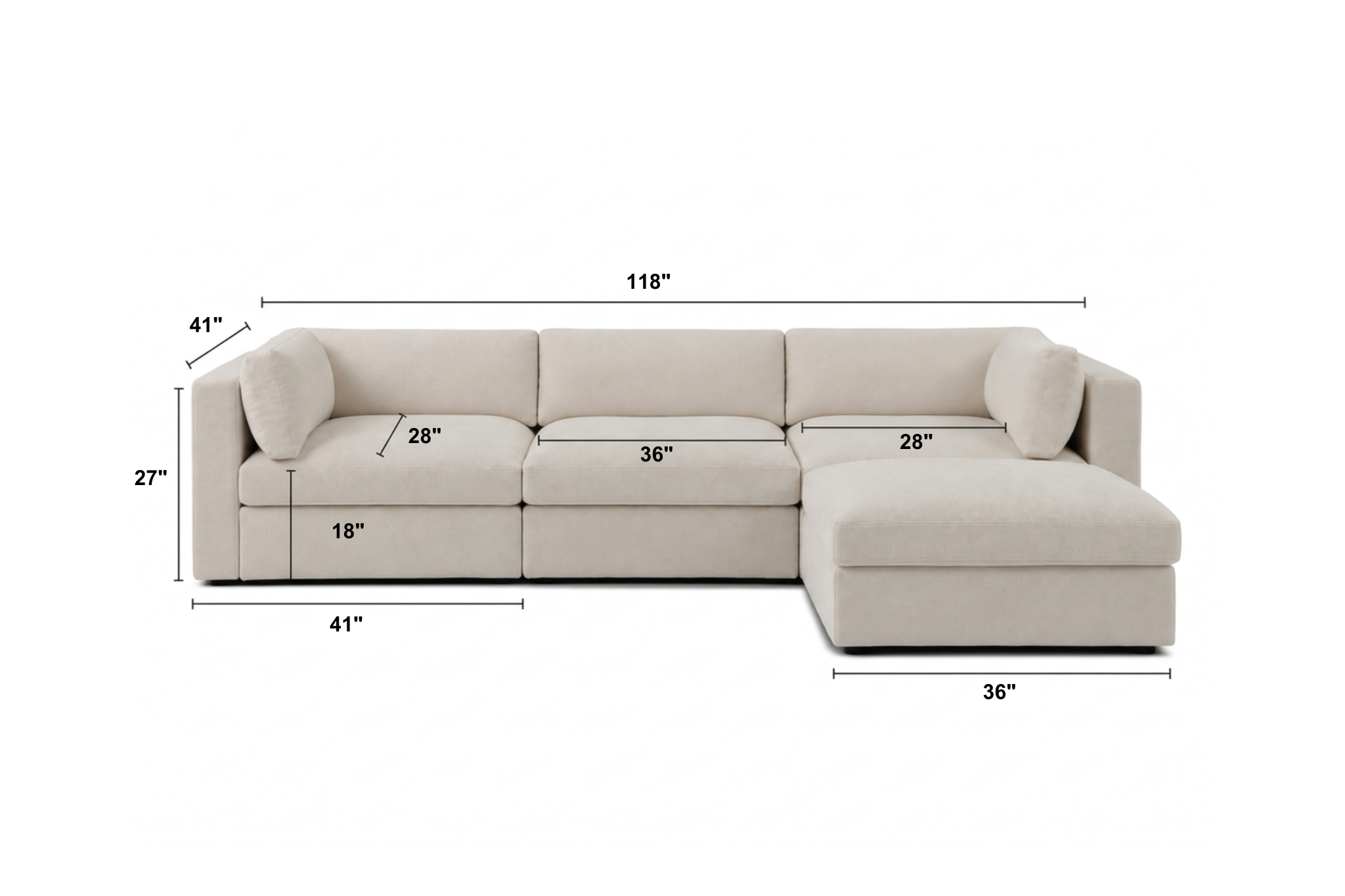 Bella 3 Seater + Storage Ottoman Dimensions