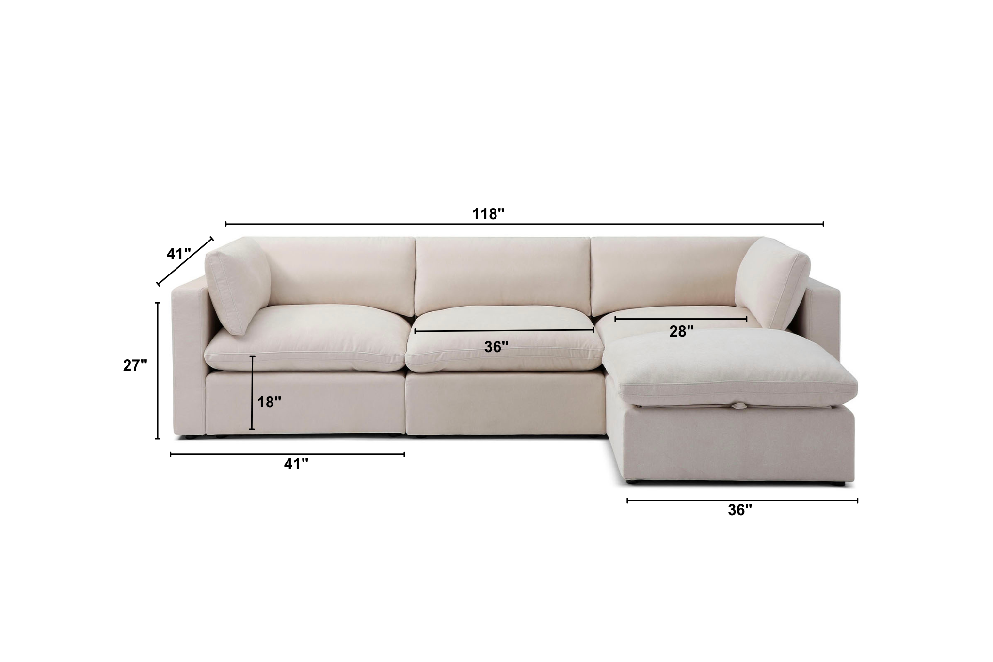 Bella Pillow 3 Seater + Ottoman Dimensions