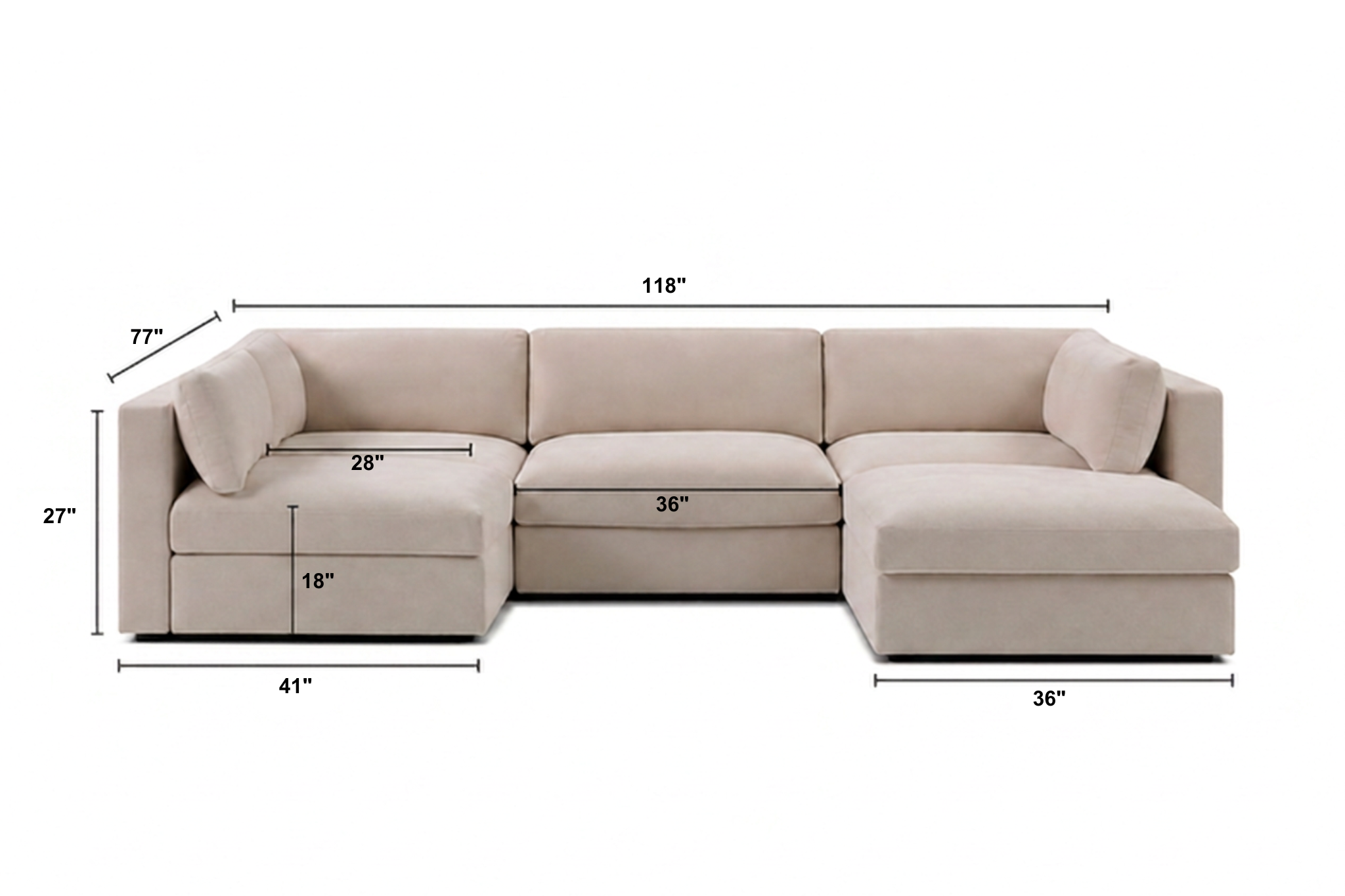 Bella L-Shape + Ottoman Dimensions