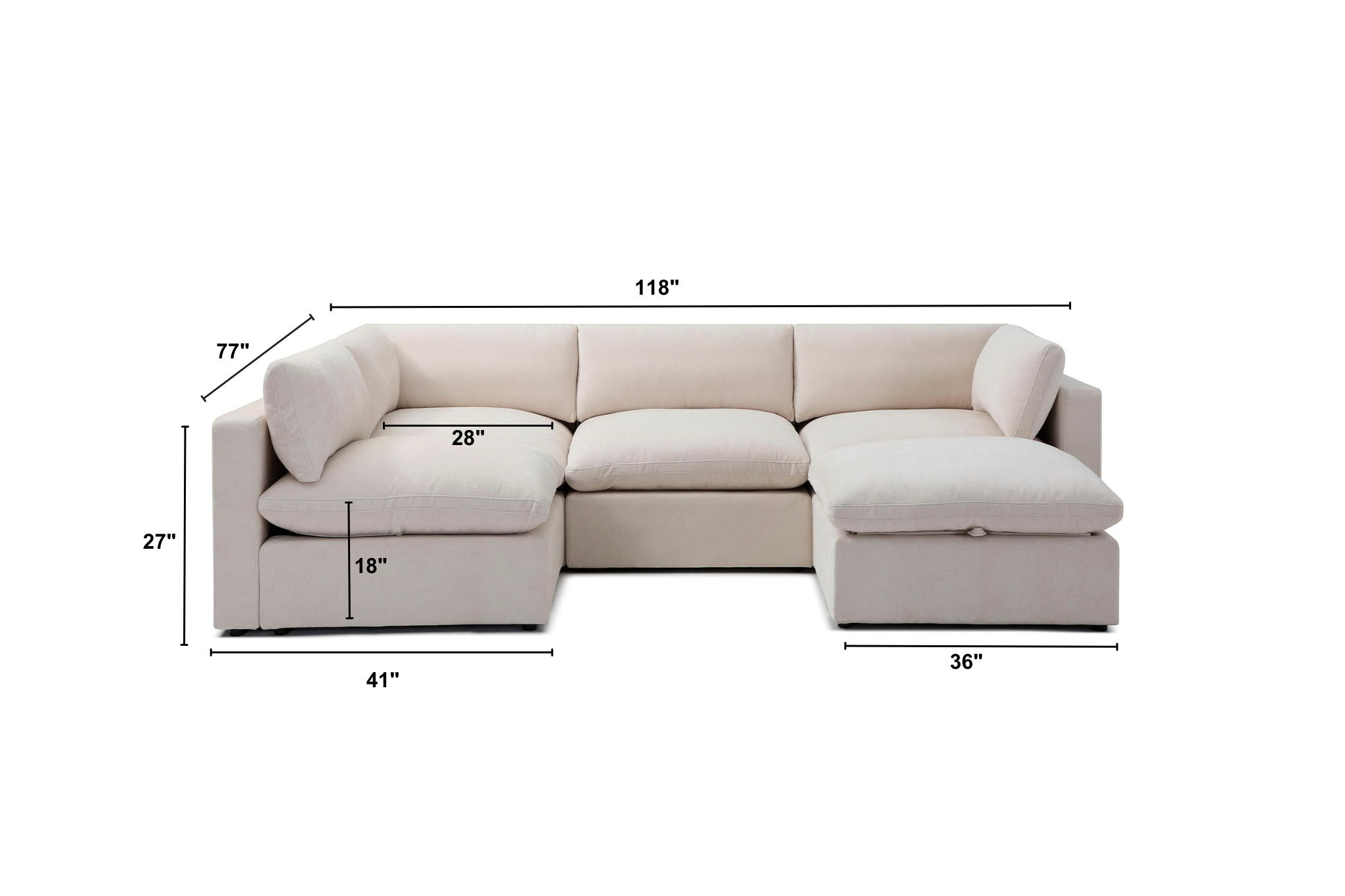 Bella Pillow L-Shape + Ottoman Dimensions